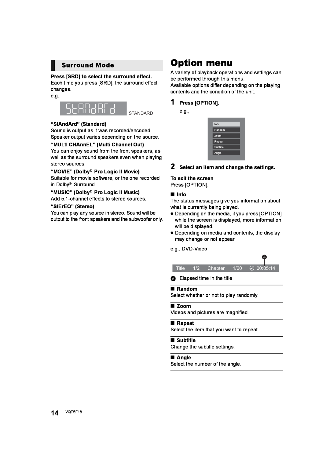 Panasonic SC-XH385, SC-XH333 owner manual Option menu, Surround Mode 