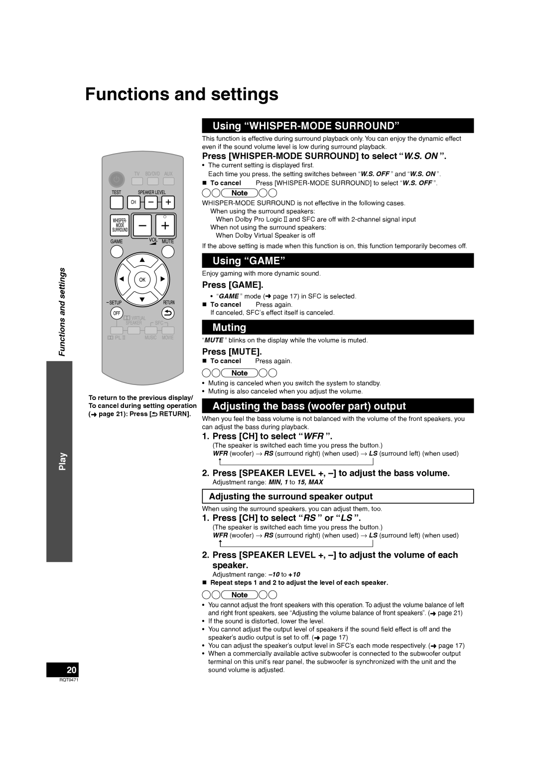 Panasonic SC-ZT1 warranty Functions and settings, Using WHISPER-MODE Surround, Using Game, Muting 