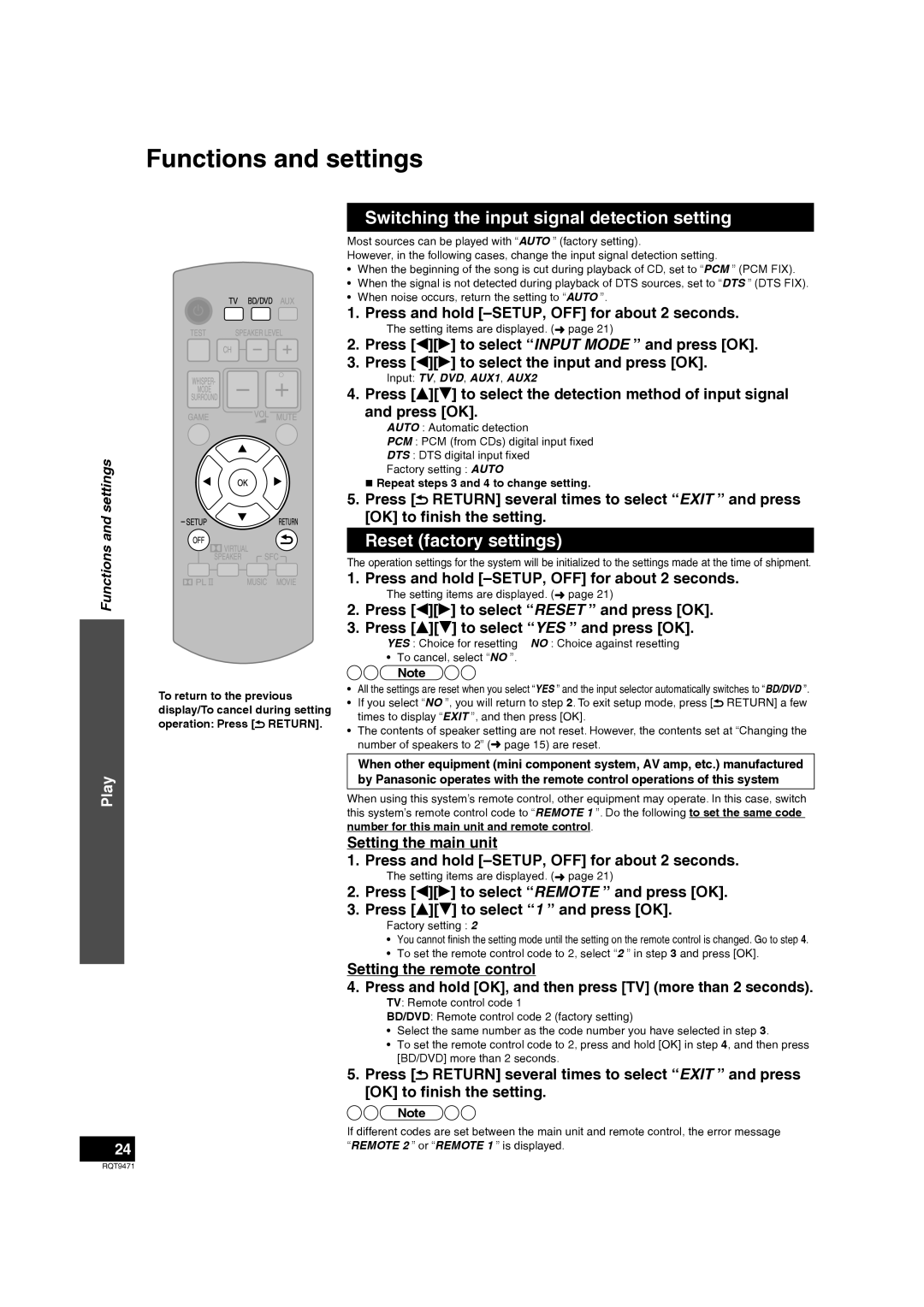 Panasonic SC-ZT1 warranty Switching the input signal detection setting, Reset factory settings, Input TV, DVD, AUX1, AUX2 