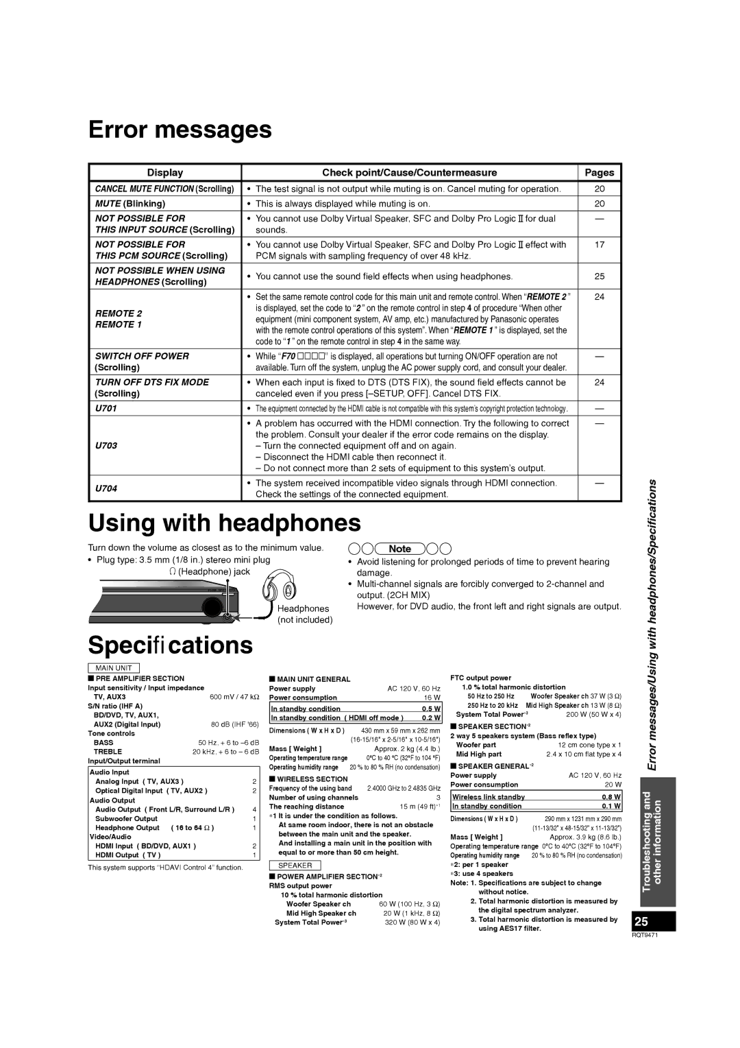 Panasonic SC-ZT1 Error messages, Using with headphones, Speciﬁcations, Display Check point/Cause/Countermeasure Pages 