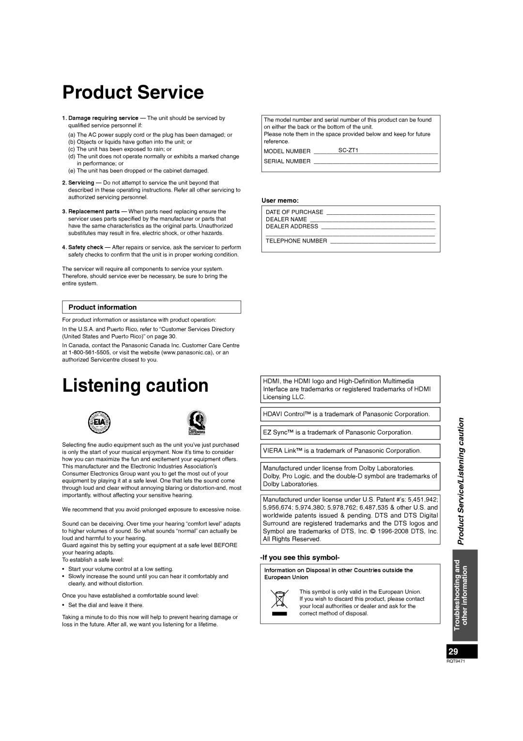 Panasonic SC-ZT1 warranty Product information, If you see this symbol, User memo, Dolby Laboratories 