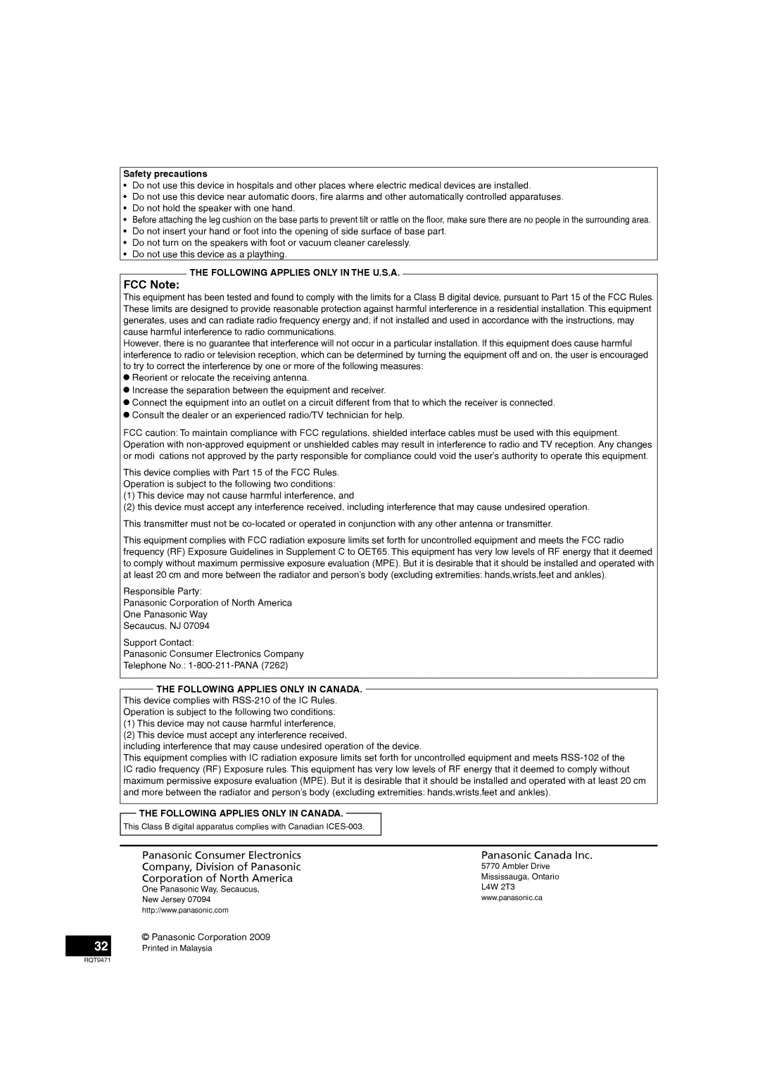 Panasonic SC-ZT1 warranty FCC Note, Safety precautions, Corporation of North America, Panasonic Corporation 