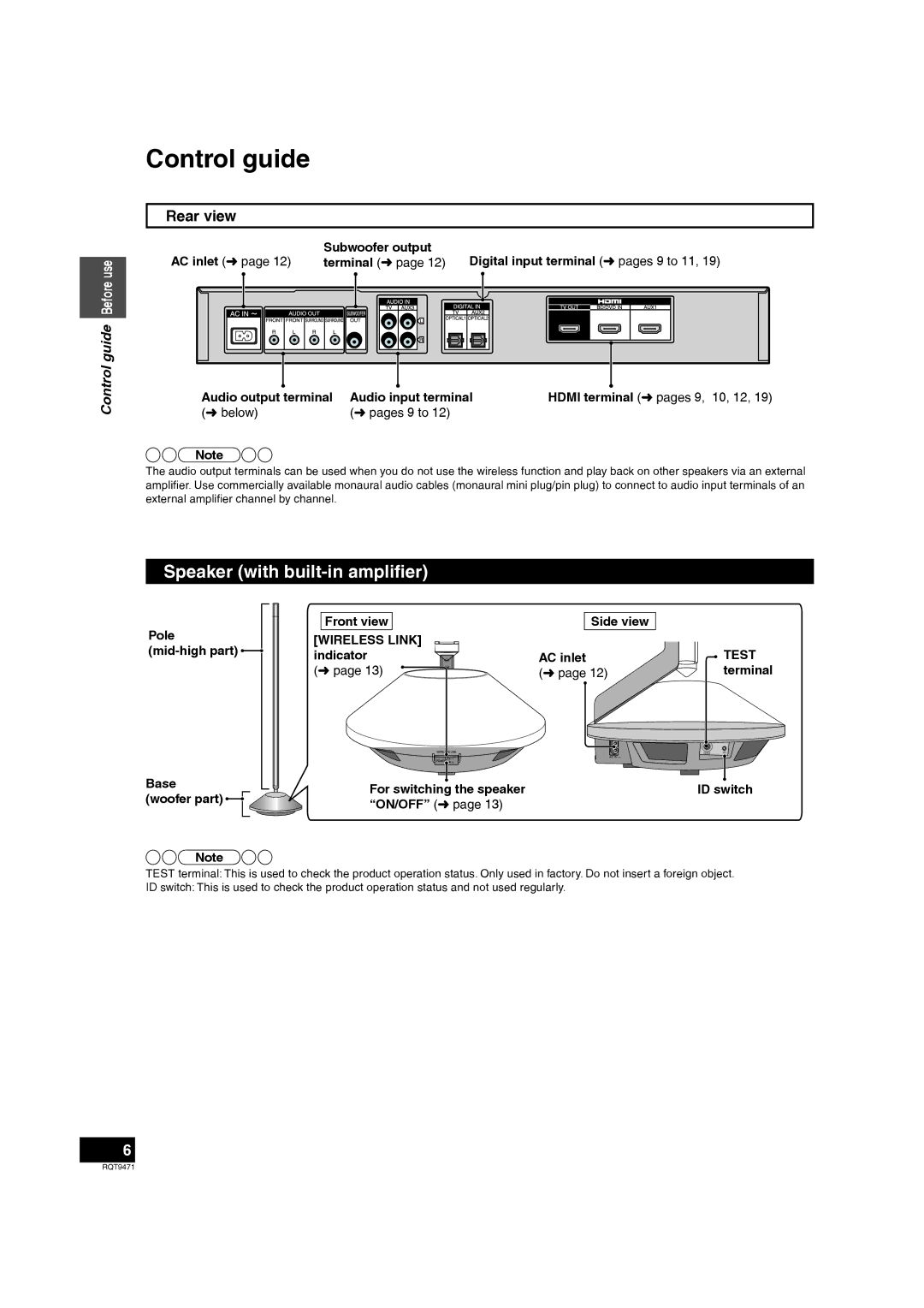 Panasonic SC-ZT1 warranty Control guide, Speaker with built-in ampliﬁer, Rear view, Terminal 