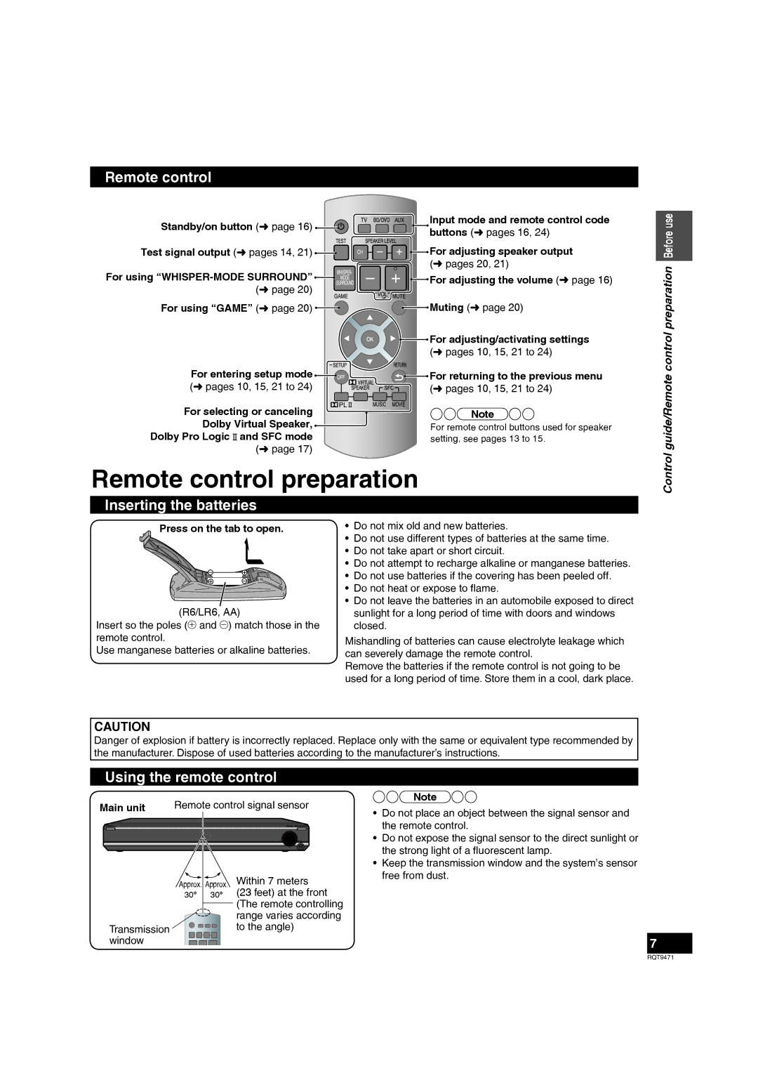 Panasonic SC-ZT1 warranty Remote control preparation, Inserting the batteries, Using the remote control 