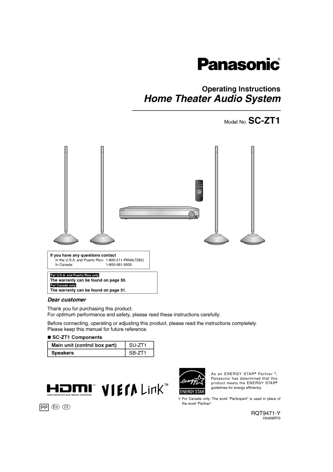 Panasonic warranty Operating Instructions, RQT9471-Y, Home Theater Audio System, „ SC-ZT1Components, Speakers 