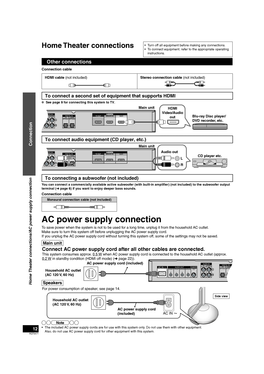 Panasonic SC-ZT1 AC power supply connection, Other connections, To connect audio equipment CD player, etc, Connection 