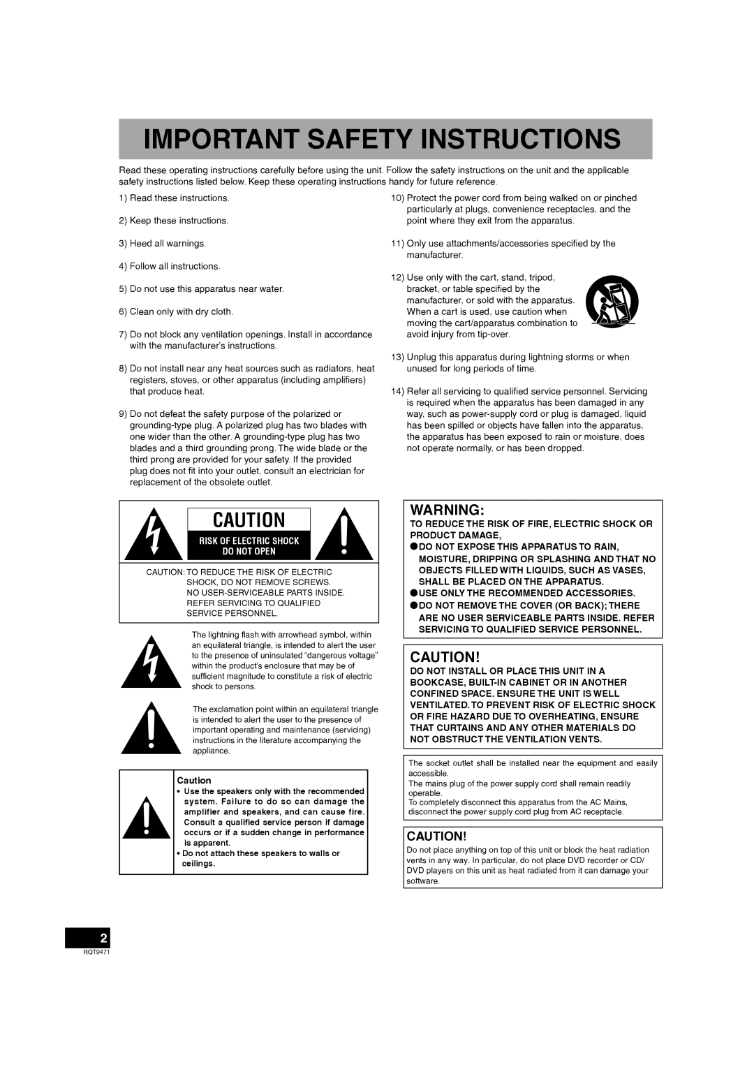 Panasonic SC-ZT1 warranty Important Safety Instructions, Risk Of Electric Shock Do Not Open 