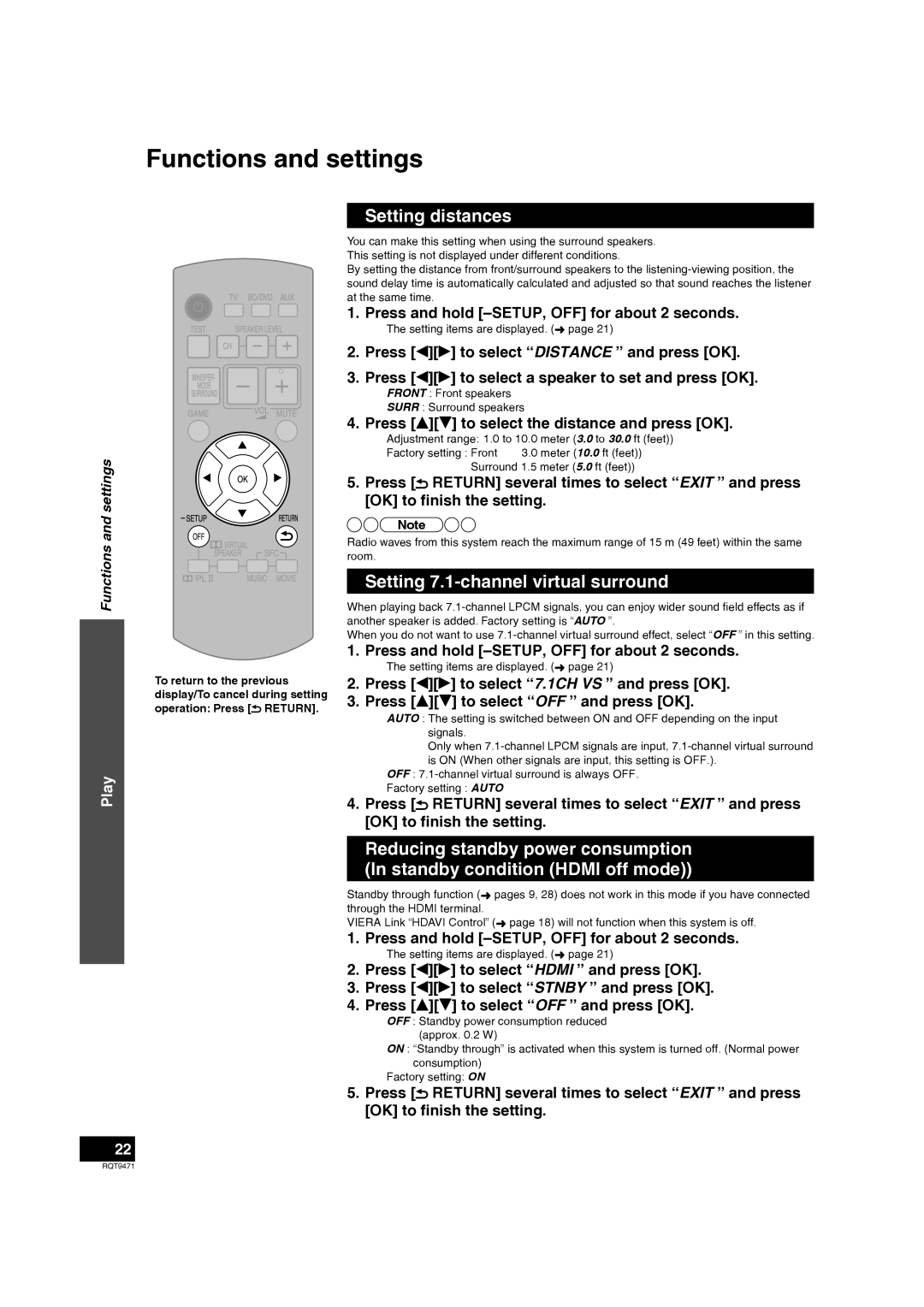 Panasonic SC-ZT1 warranty Functions and settings, Setting distances, Setting 7.1-channelvirtual surround, Play 