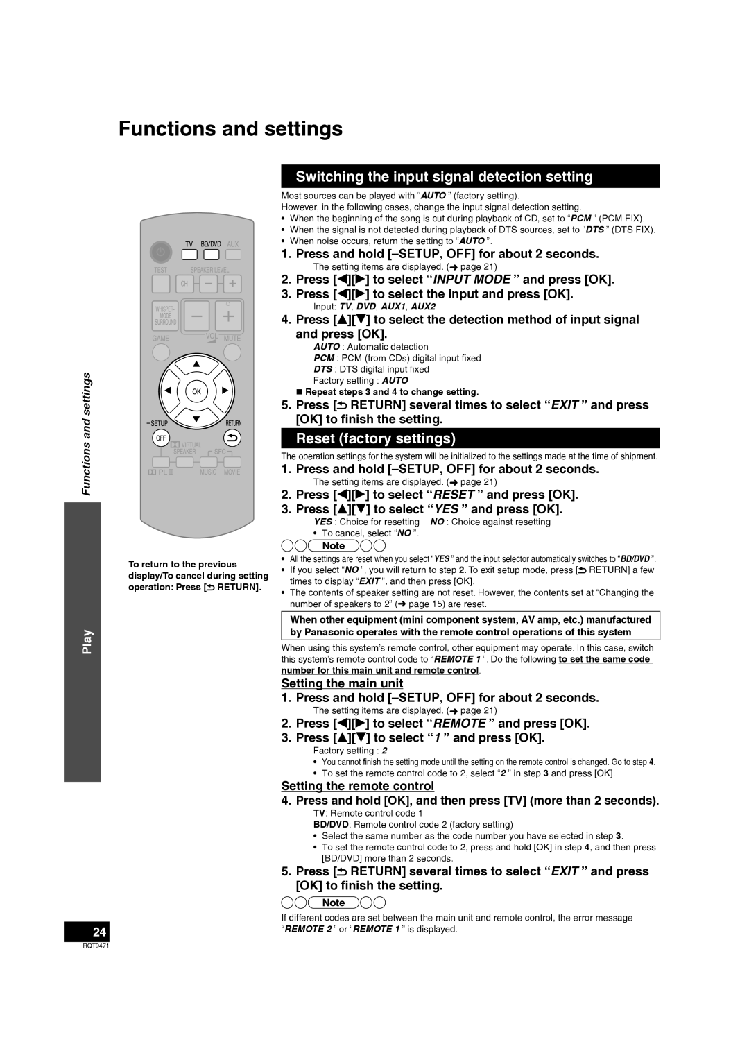 Panasonic SC-ZT1 Switching the input signal detection setting, Reset factory settings, Play, Functions and settings 