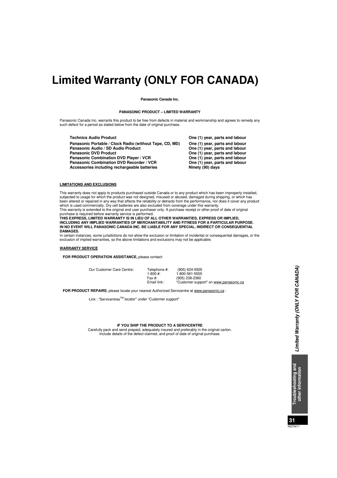 Panasonic SC-ZT1 warranty Limited Warranty ONLY FOR CANADA, Technics Audio Product, Panasonic Audio / SD Audio Product 