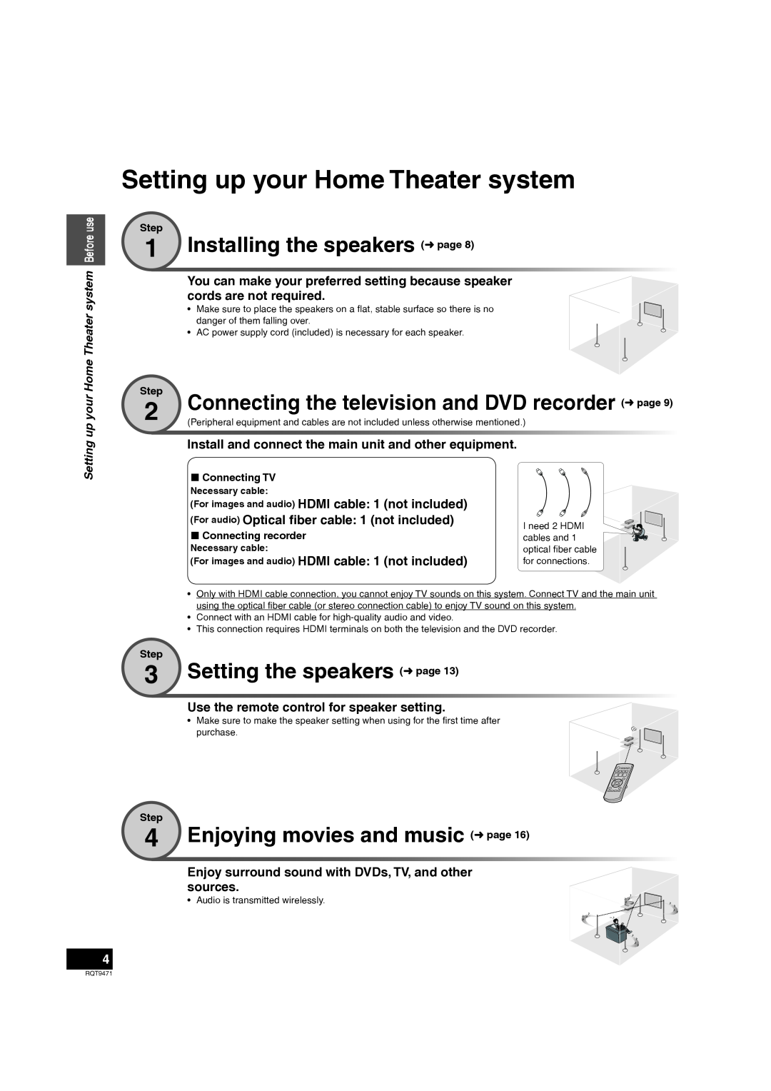Panasonic SC-ZT1 warranty Setting up your Home Theater system, 1Installing the speakers page, 3Setting the speakers page 