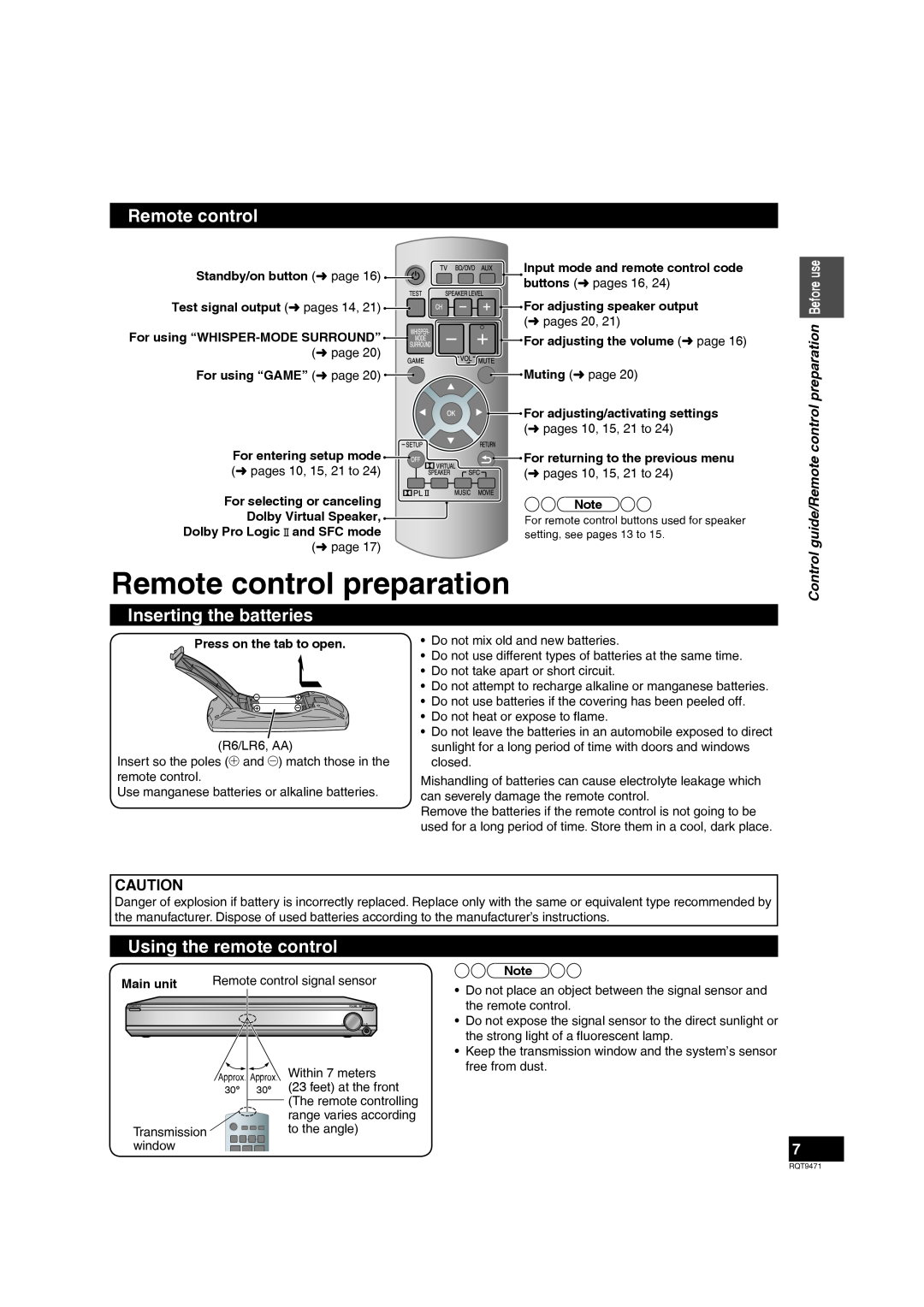 Panasonic SC-ZT1 warranty Remote control preparation, Inserting the batteries, Using the remote control, Control 