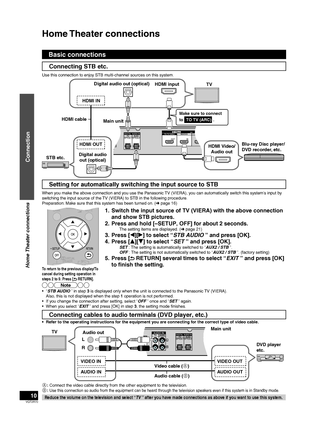 Panasonic SC-ZT2 Home Theater connections, Connecting STB etc, Setting for automatically switching the input source to STB 