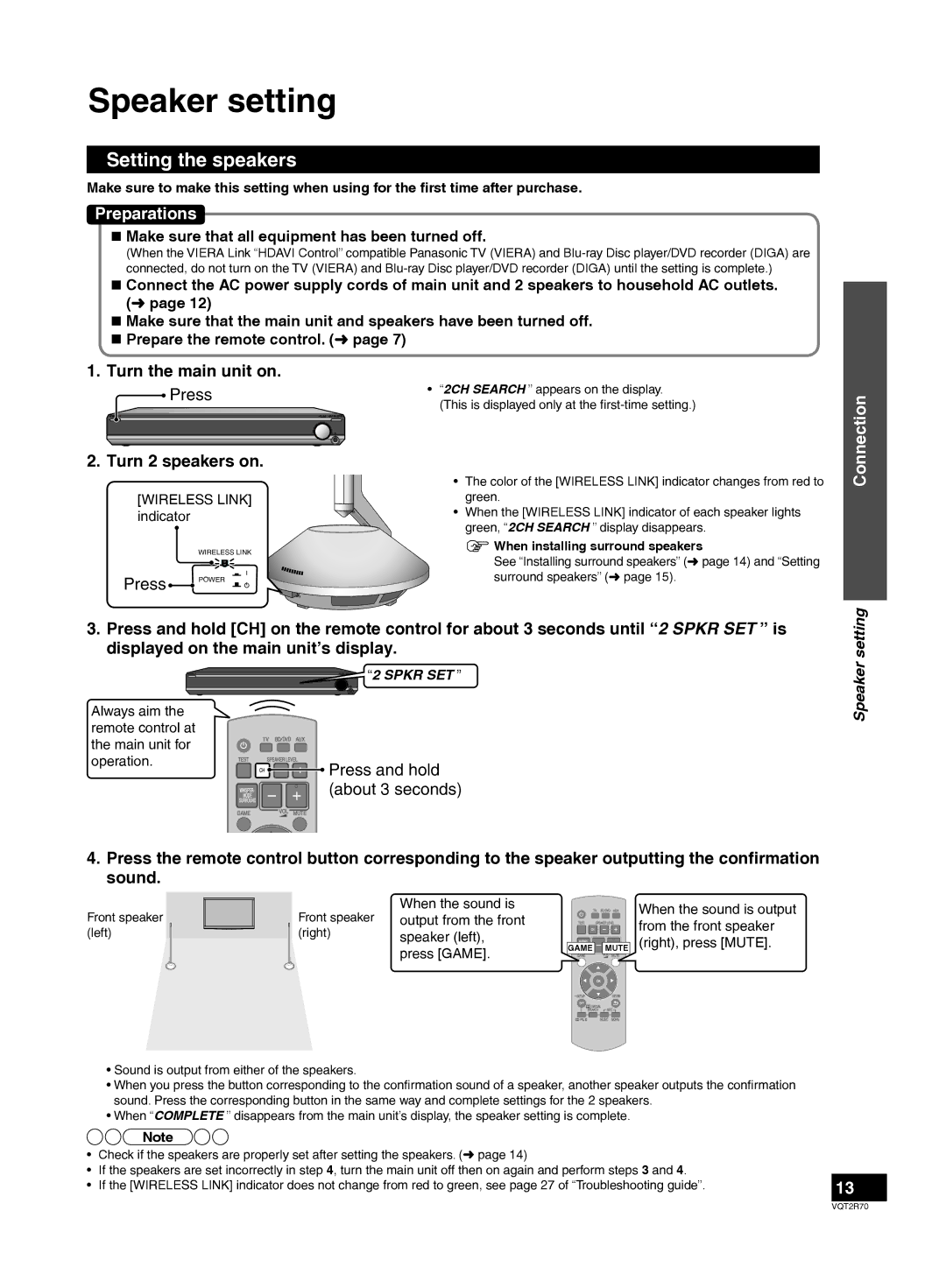 Panasonic SC-ZT2 warranty Speaker setting, Setting the speakers, Turn the main unit on, Turn 2 speakers on 