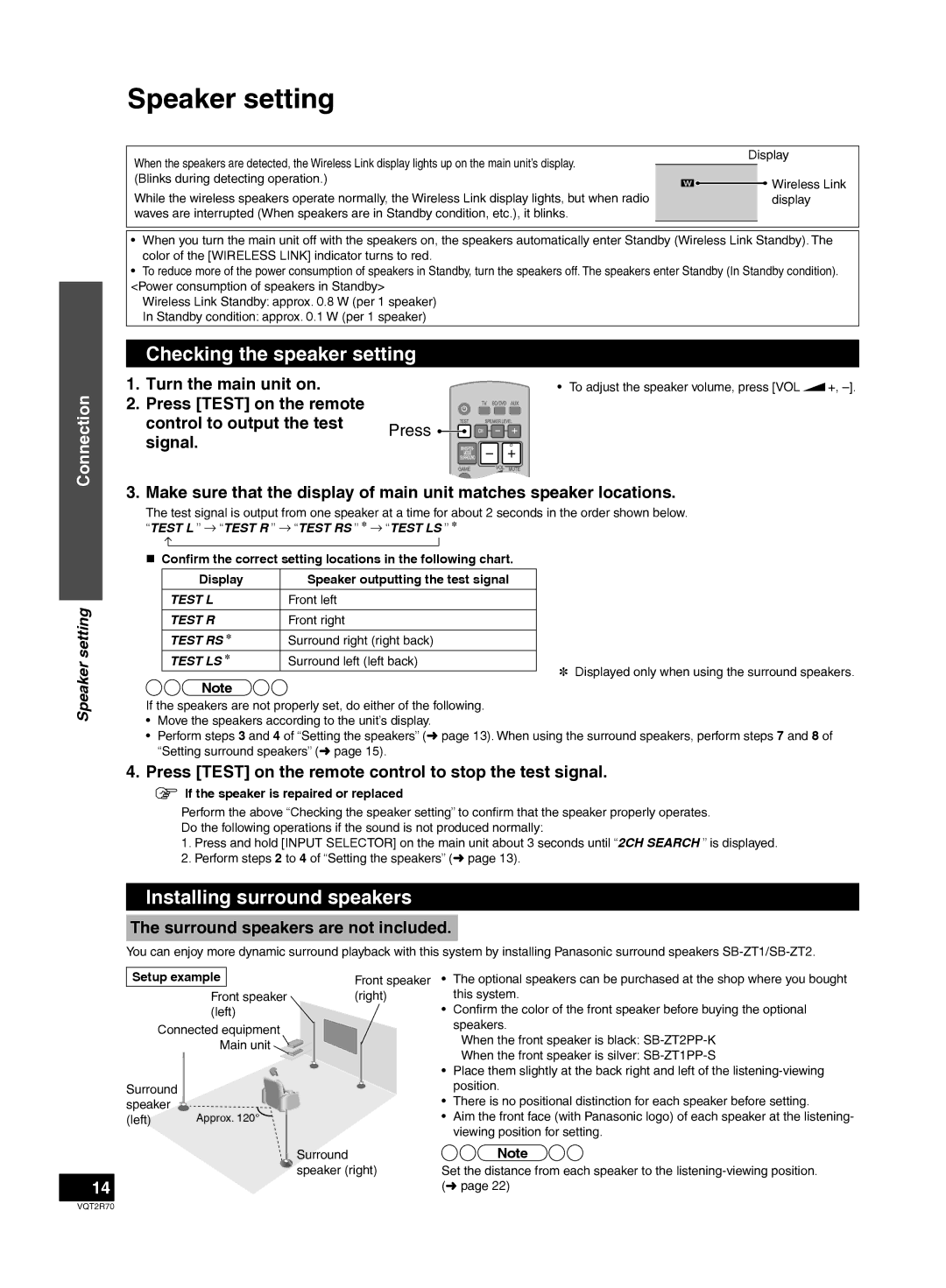 Panasonic SC-ZT2 warranty Speaker setting, Checking the speaker setting, Installing surround speakers 