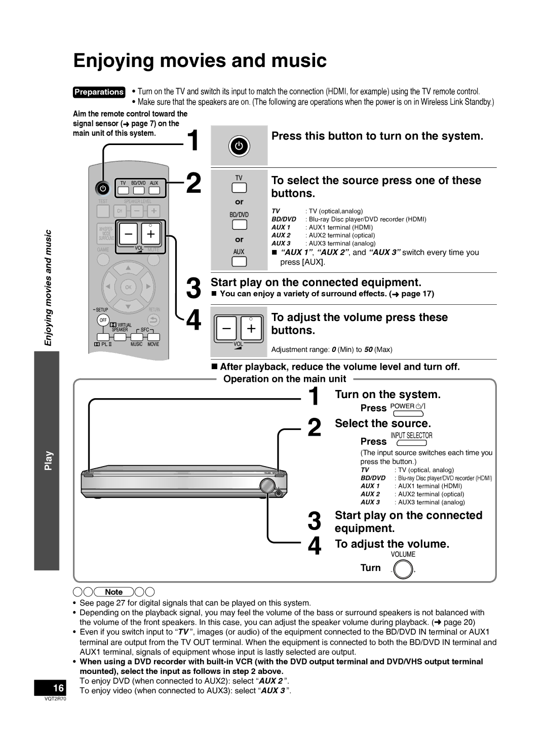 Panasonic SC-ZT2 warranty Enjoying movies and music, Turn, Aim the remote control toward, Main unit of this system 