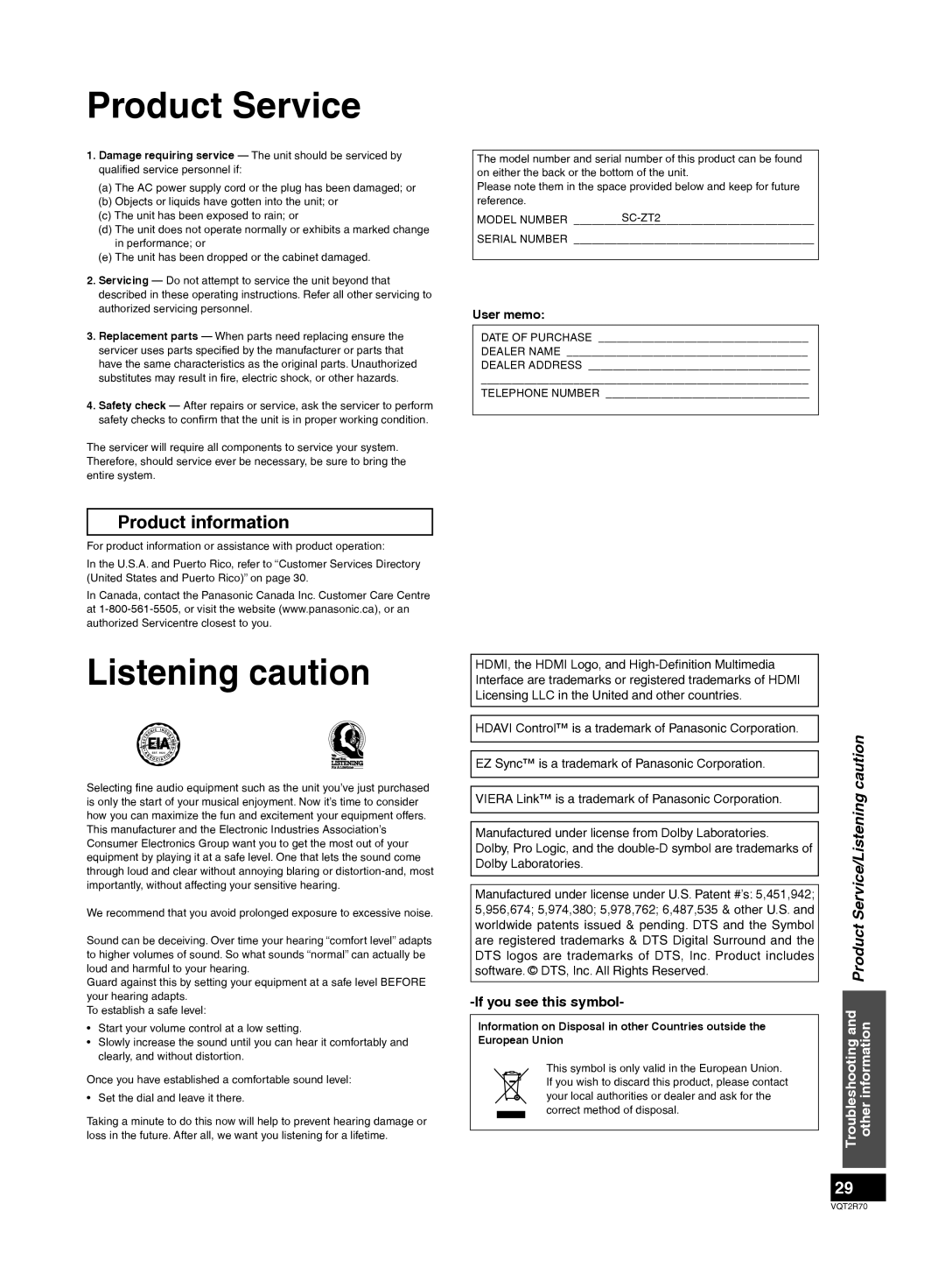 Panasonic SC-ZT2 warranty Product information, If you see this symbol, User memo, Dolby Laboratories 