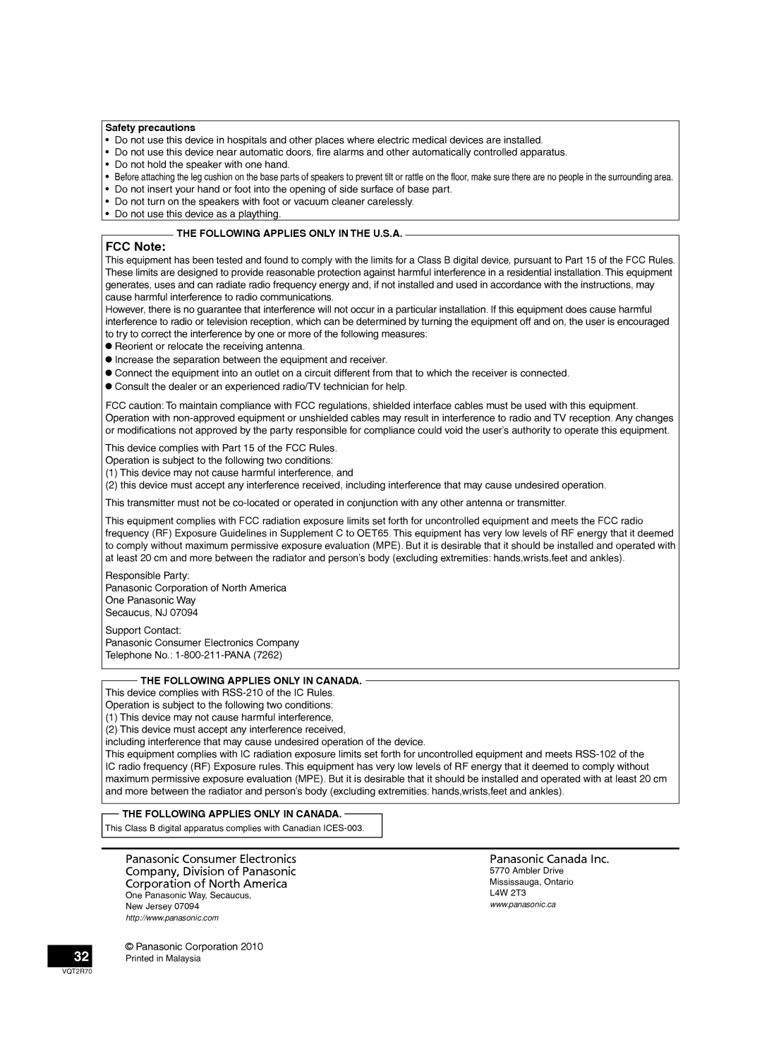 Panasonic SC-ZT2 warranty FCC Note, Safety precautions, Corporation of North America, Panasonic Corporation 