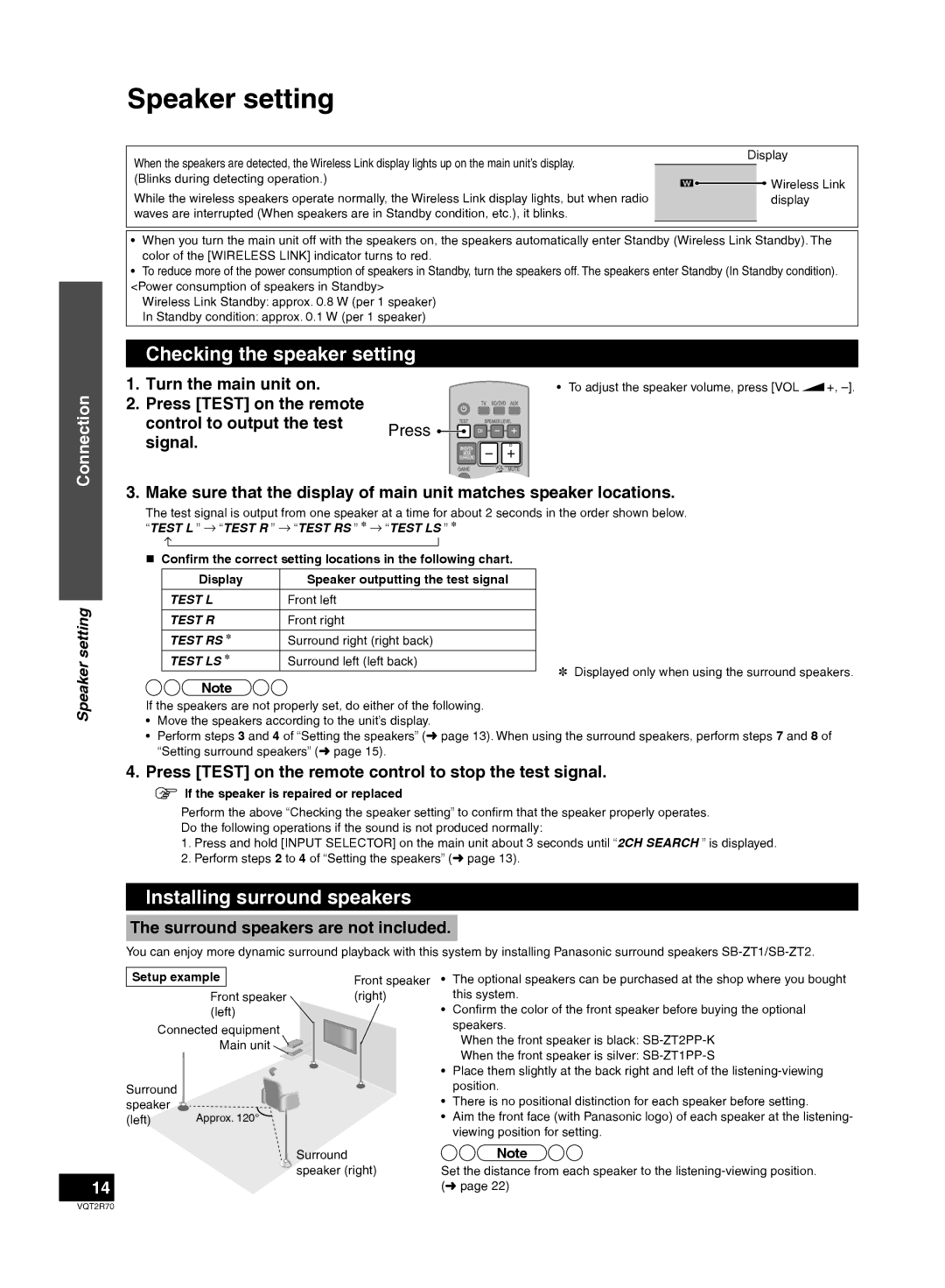 Panasonic SC-ZT2 warranty Speaker setting, Checking the speaker setting, Installing surround speakers 