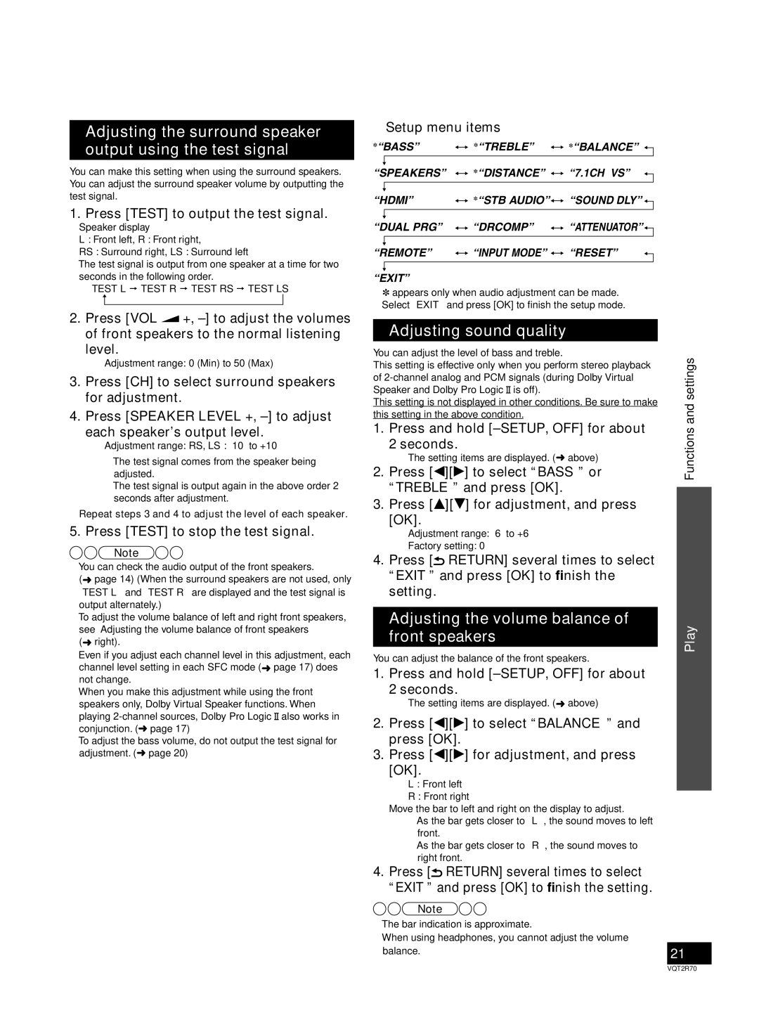 Panasonic SC-ZT2 warranty Adjusting sound quality, Adjusting the volume balance of front speakers 