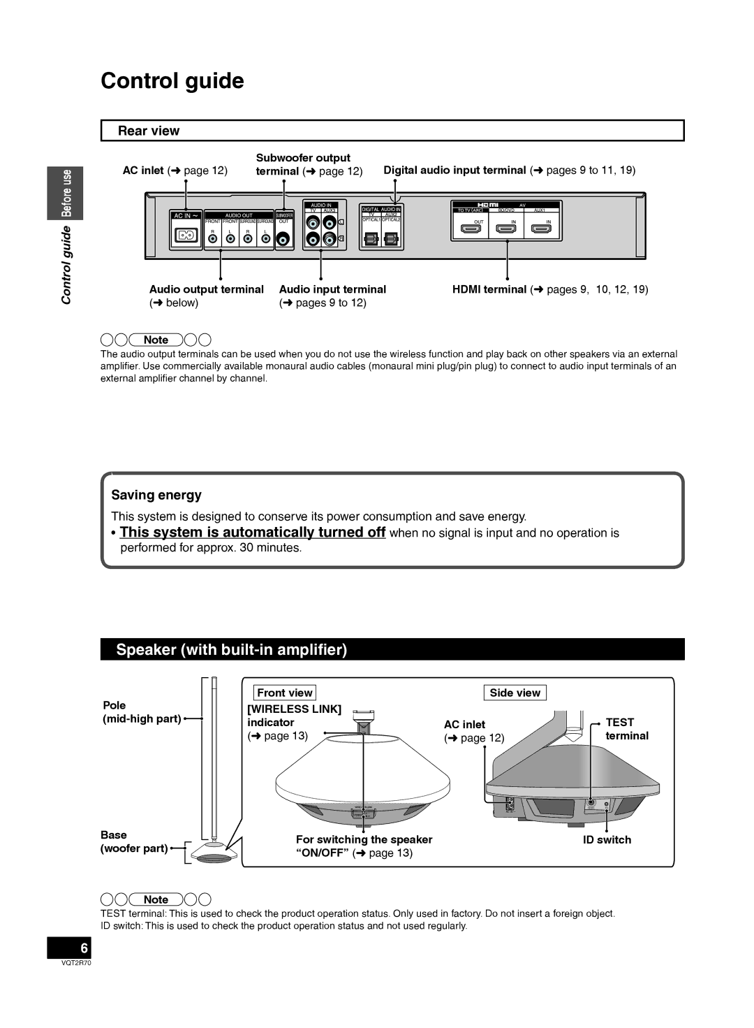 Panasonic SC-ZT2 warranty Control guide, Speaker with built-in ampliﬁer, Rear view, Saving energy 