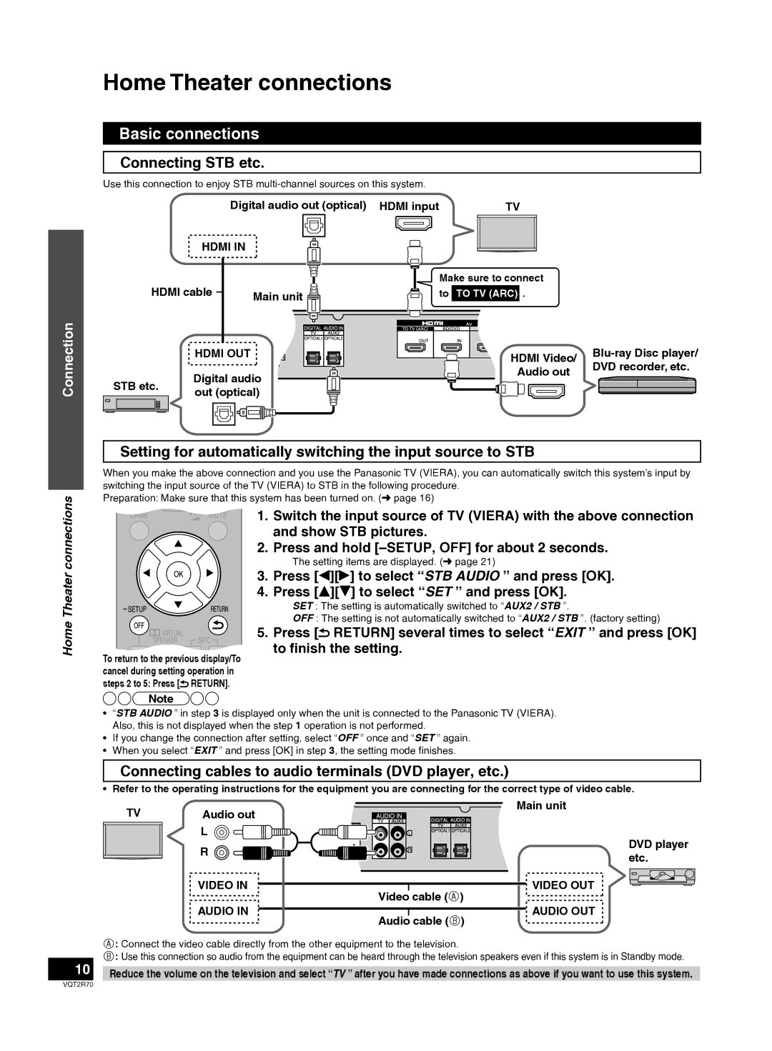 Panasonic SC-ZT2 Home Theater connections, Connecting STB etc, Setting for automatically switching the input source to STB 