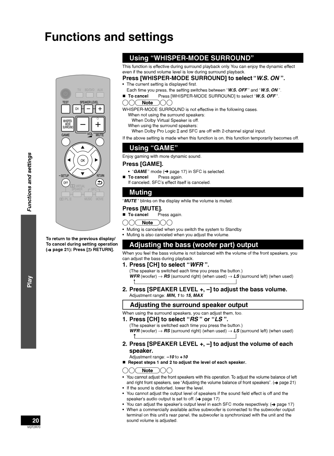 Panasonic SC-ZT2 warranty Functions and settings, Using WHISPER-MODE Surround, Using Game, Muting 