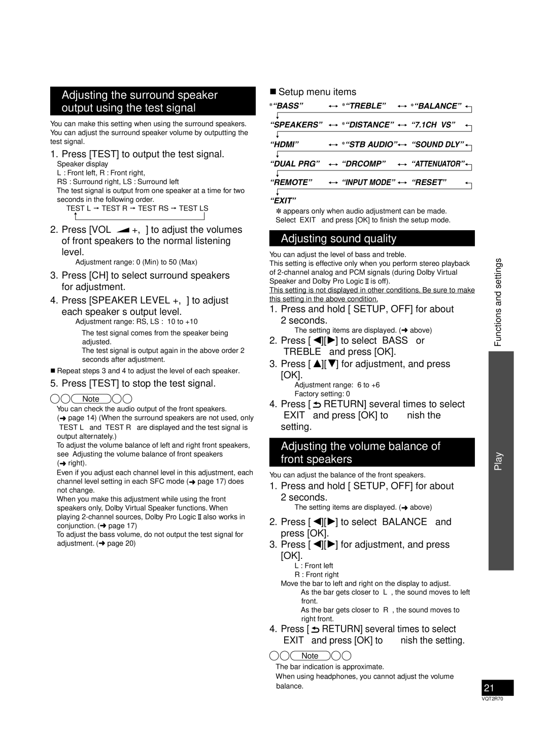 Panasonic SC-ZT2 warranty Adjusting sound quality, Adjusting the volume balance of front speakers 