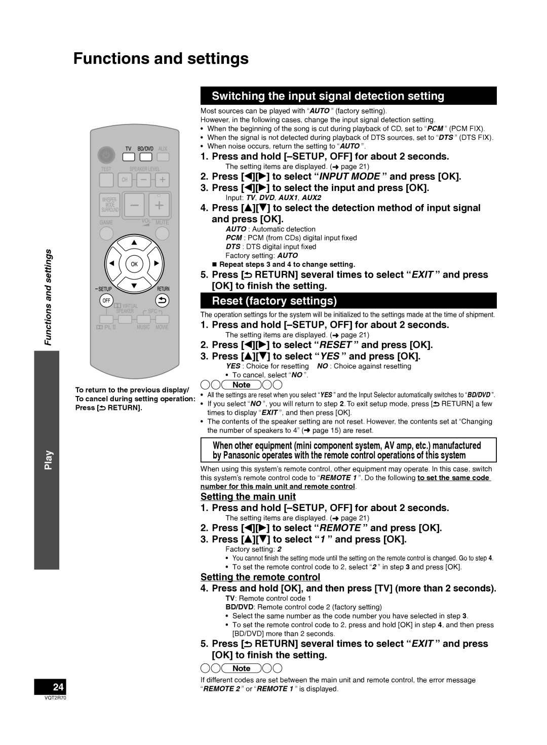 Panasonic SC-ZT2 warranty Switching the input signal detection setting, Reset factory settings, Input TV, DVD, AUX1, AUX2 