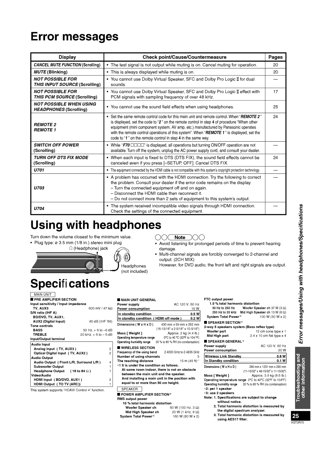 Panasonic SC-ZT2 Error messages, Using with headphones, Speciﬁcations, Display Check point/Cause/Countermeasure Pages 