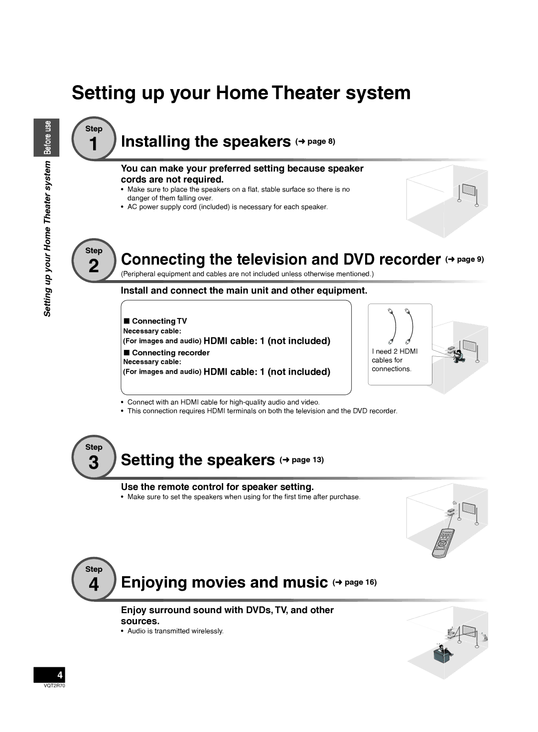 Panasonic SC-ZT2 warranty Setting up your Home Theater system, Installing the speakers, Setting the speakers 