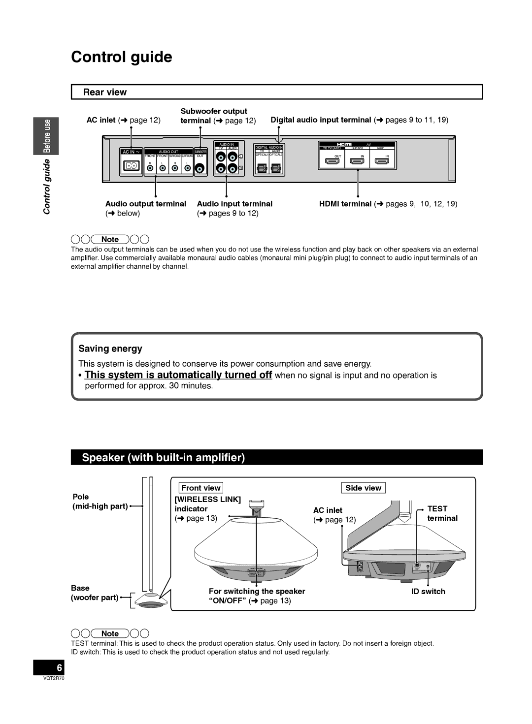 Panasonic SC-ZT2 warranty Control guide, Speaker with built-in ampliﬁer, Rear view, Saving energy 