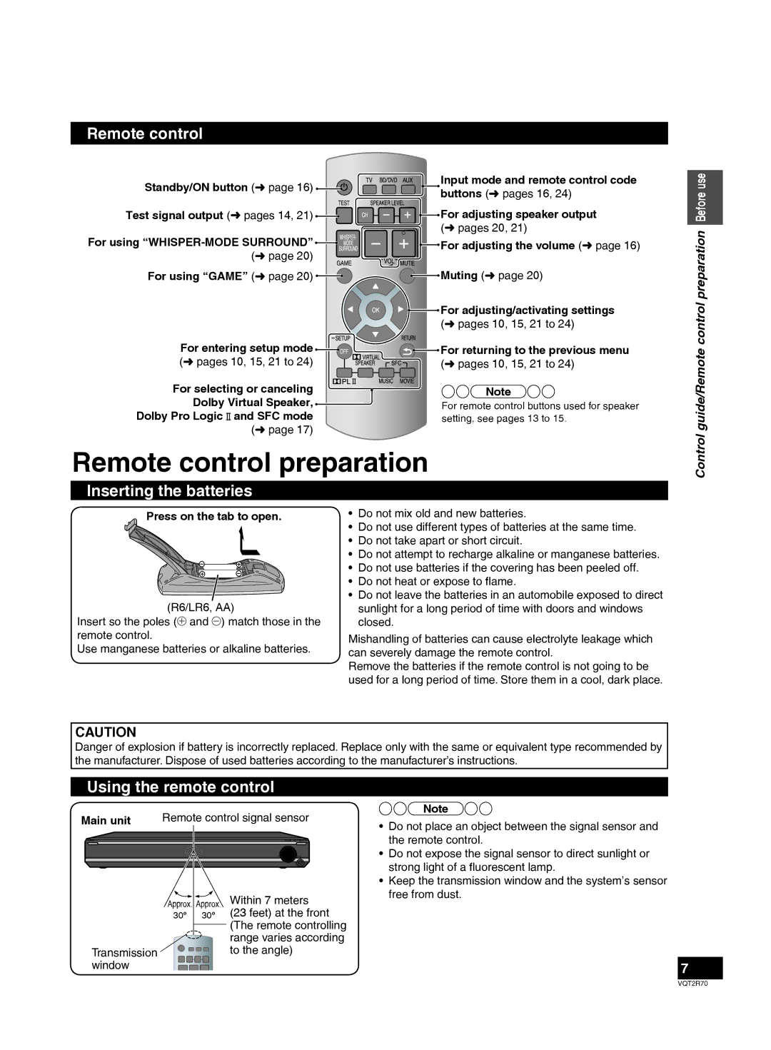 Panasonic SC-ZT2 warranty Remote control preparation, Inserting the batteries, Using the remote control 