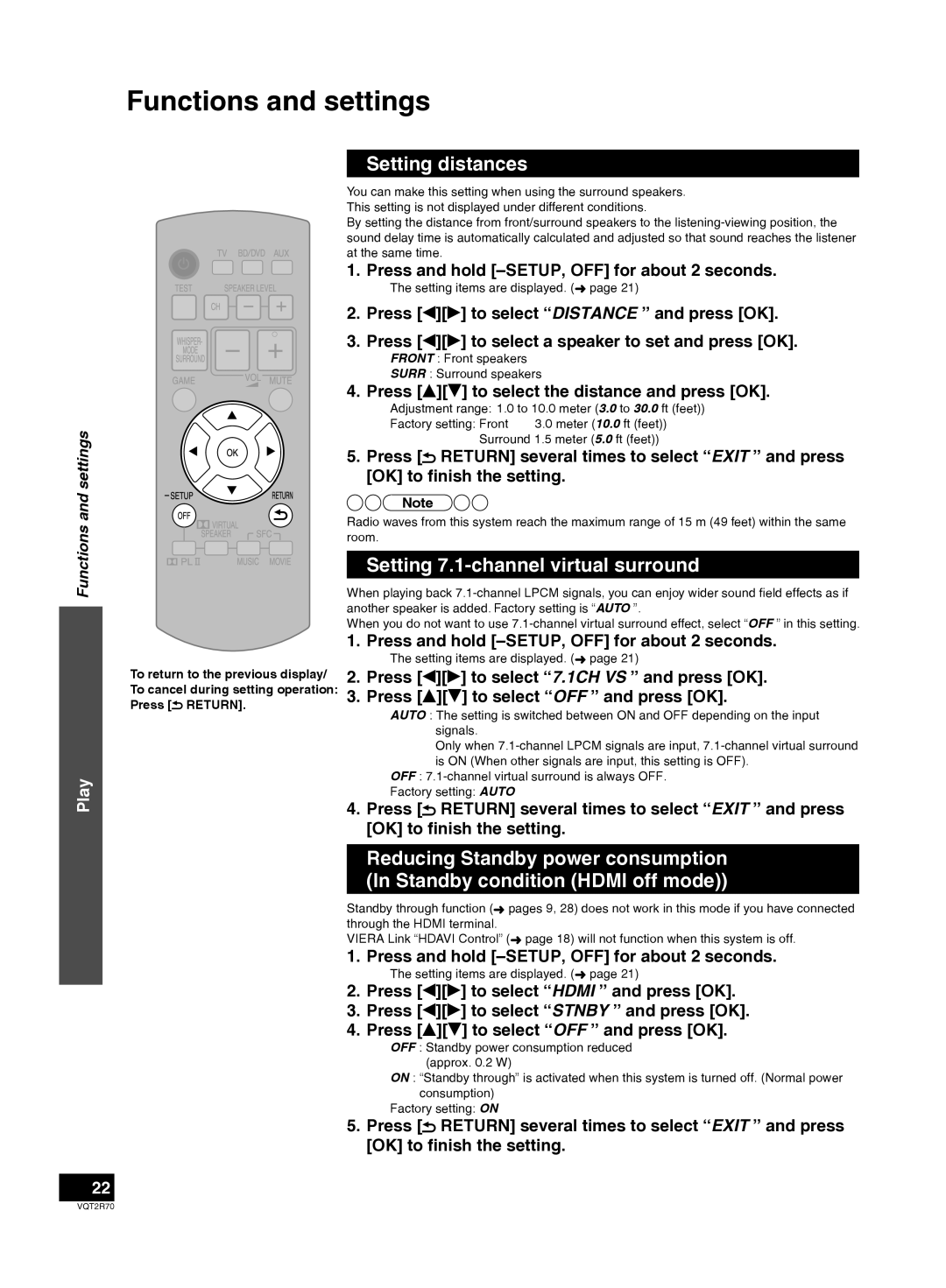 Panasonic SC-ZT2 warranty Functions and settings, Setting distances, Setting 7.1-channelvirtual surround, Play 