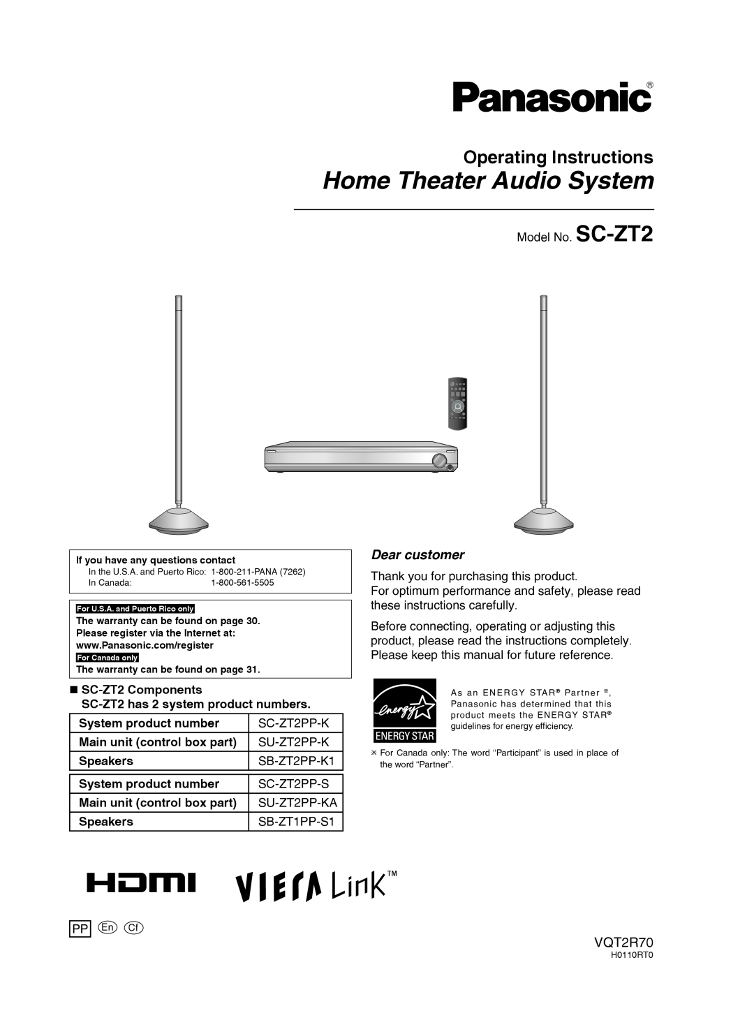 Panasonic warranty Operating Instructions, VQT2R70, Home Theater Audio System, „SC-ZT2Components, System product number 