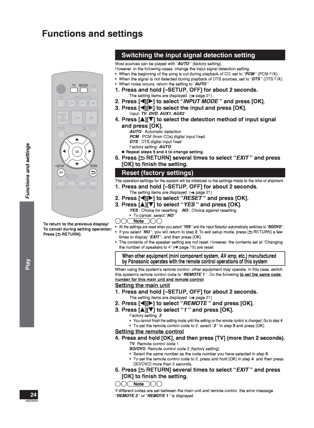 Panasonic SC-ZT2 Switching the input signal detection setting, Reset factory settings, Play, Functions and settings 
