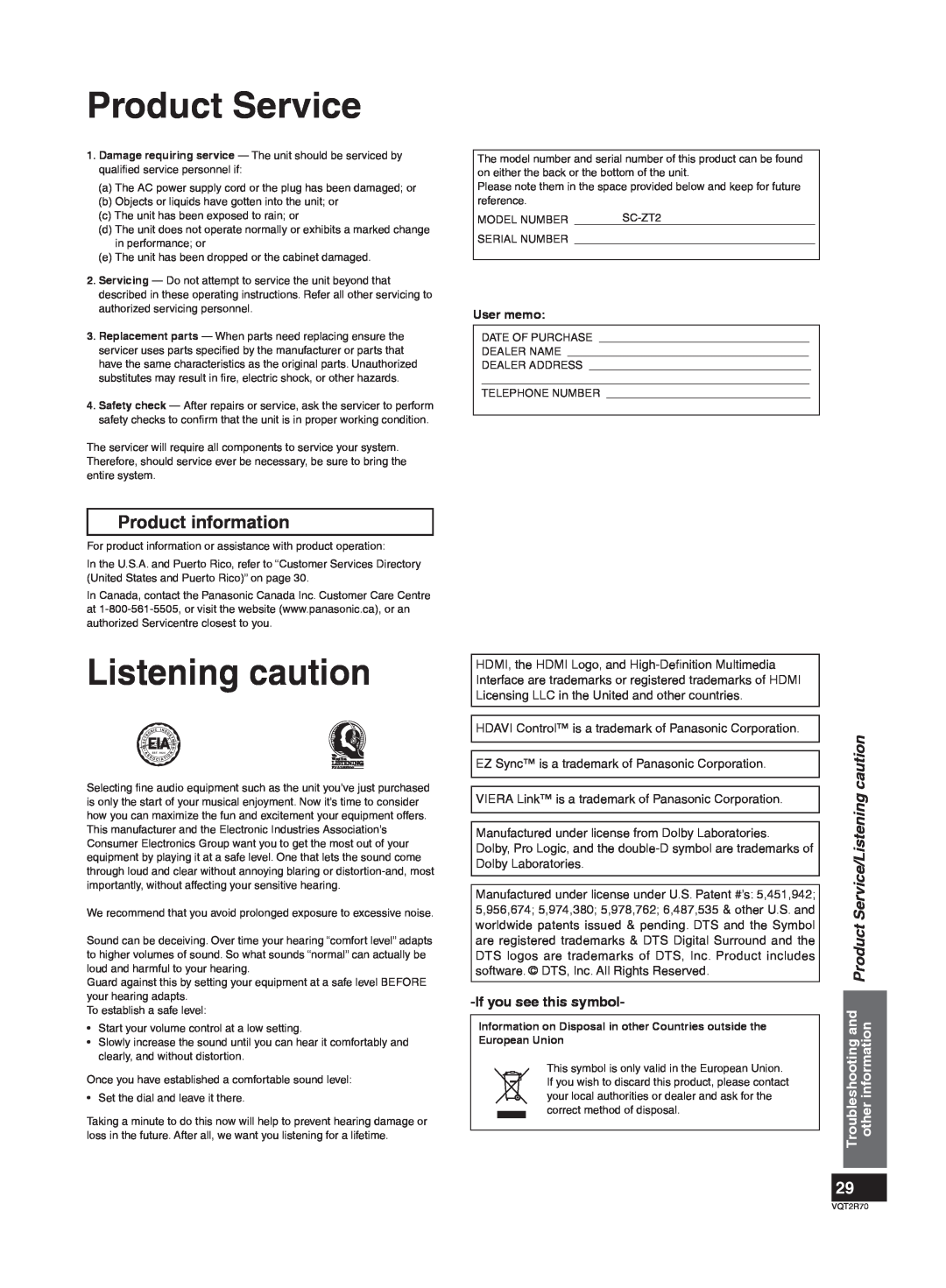 Panasonic SC-ZT2 warranty Product Service, Listening caution, Product information 