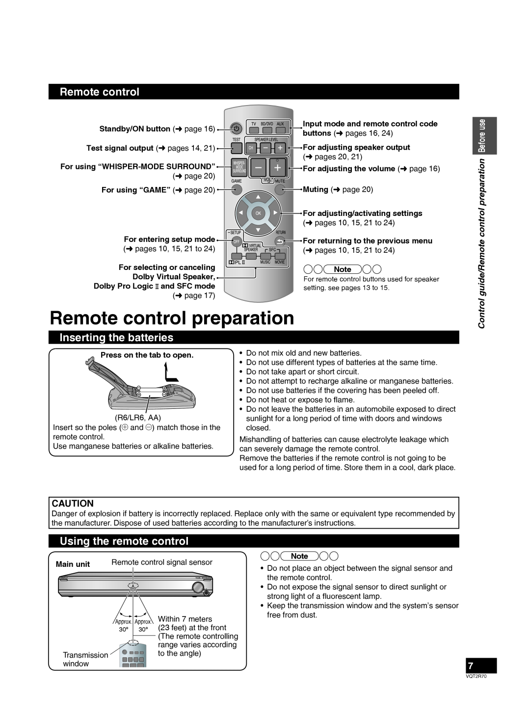 Panasonic SC-ZT2 warranty Remote control preparation, Inserting the batteries, Using the remote control, Control 
