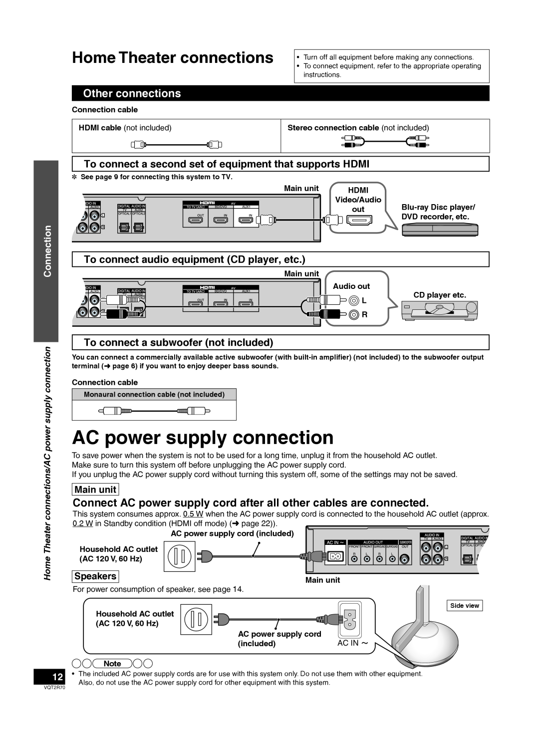 Panasonic SC-ZT2 AC power supply connection, Other connections, To connect audio equipment CD player, etc, Connection 