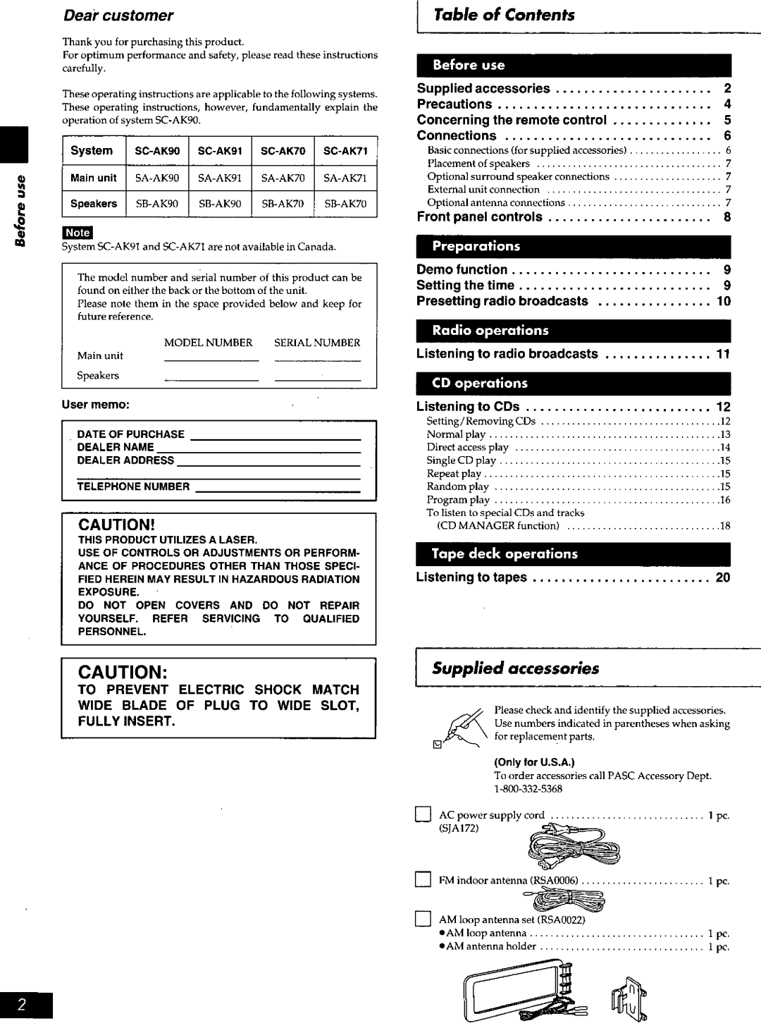 Panasonic SCAK70, SCAK91, SCAK71, SC-AK90 manual 