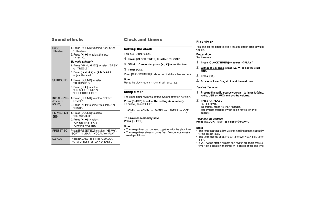 Panasonic SCAKX14 owner manual Sound effects, Clock and timers, Setting the clock, Sleep timer, Play timer 