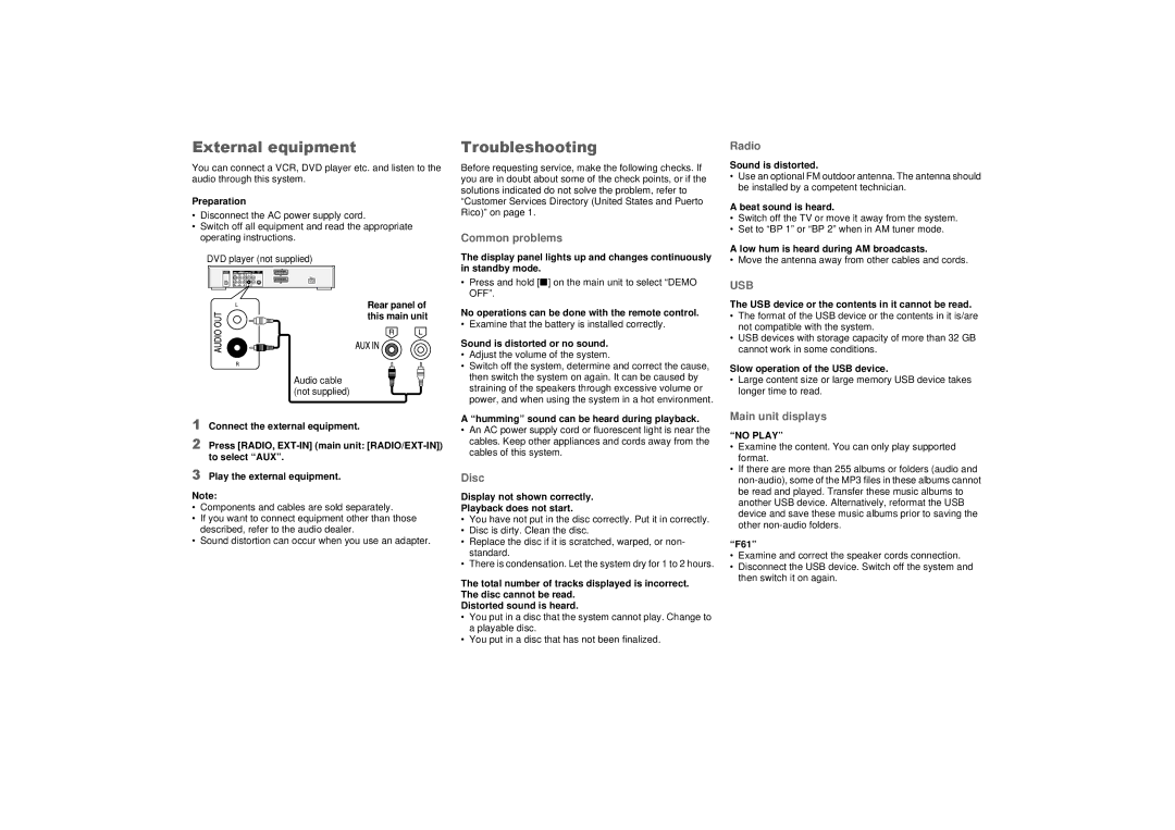 Panasonic SCAKX14 owner manual External equipment, Troubleshooting, No Play 