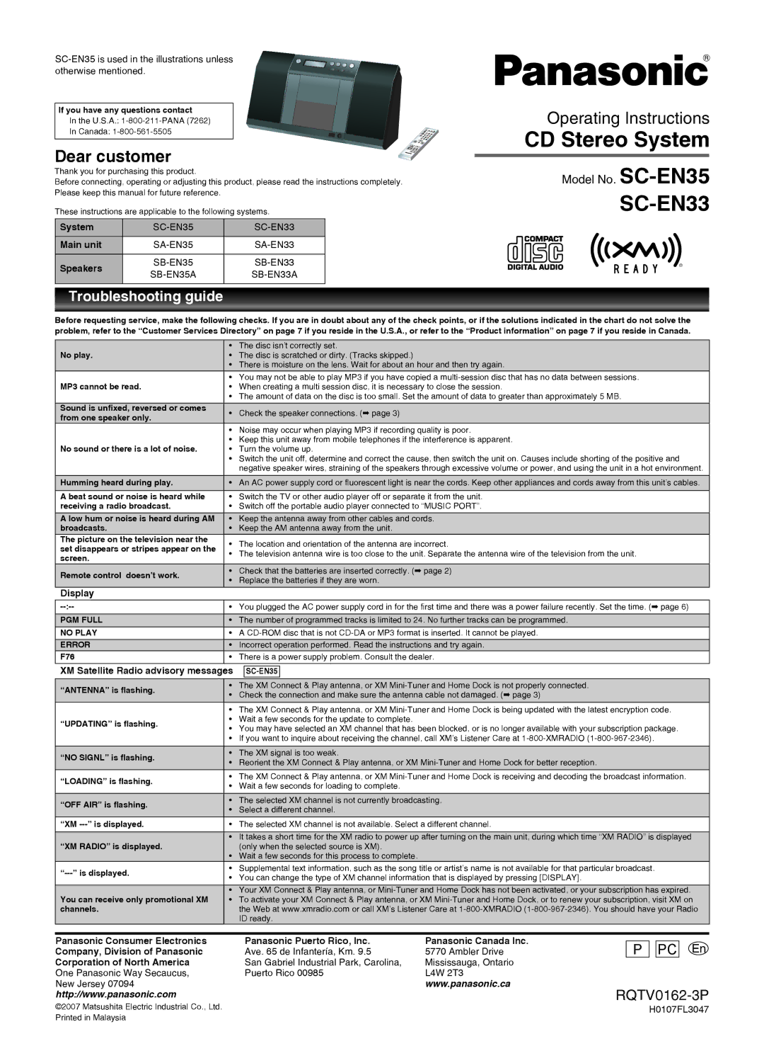 Panasonic SC-EN33, SCEN35 manual Dear customer, Troubleshooting guide 