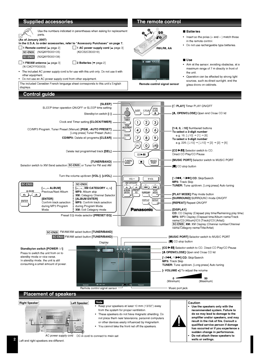 Panasonic SCEN35, SC-EN33 manual Supplied accessories, Remote control, Control guide, Placement of speakers, Batteries 