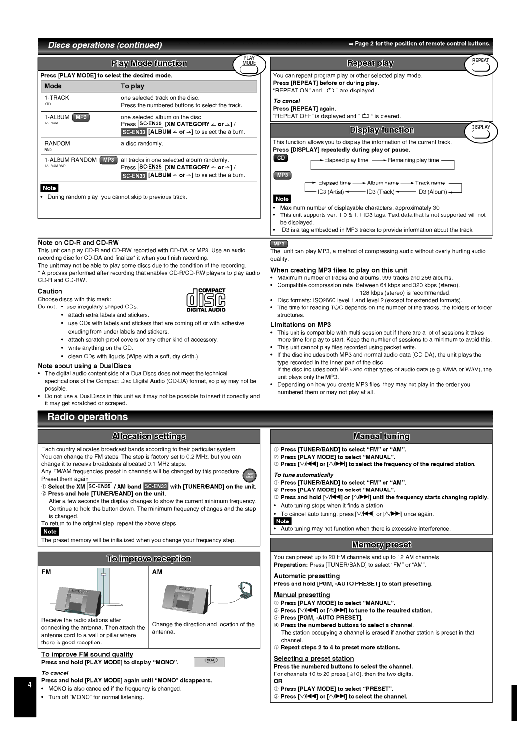 Panasonic SCEN35, SC-EN33 manual Radio operations 