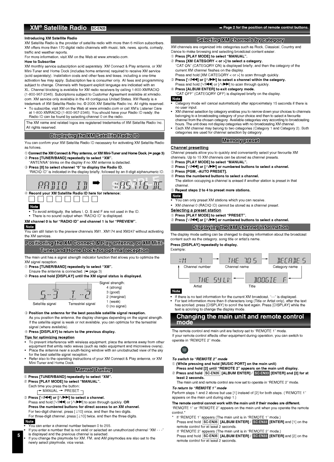 Panasonic SC-EN33, SCEN35 manual XM Satellite Radio SC-EN35, Changing the main unit and remote control mode 