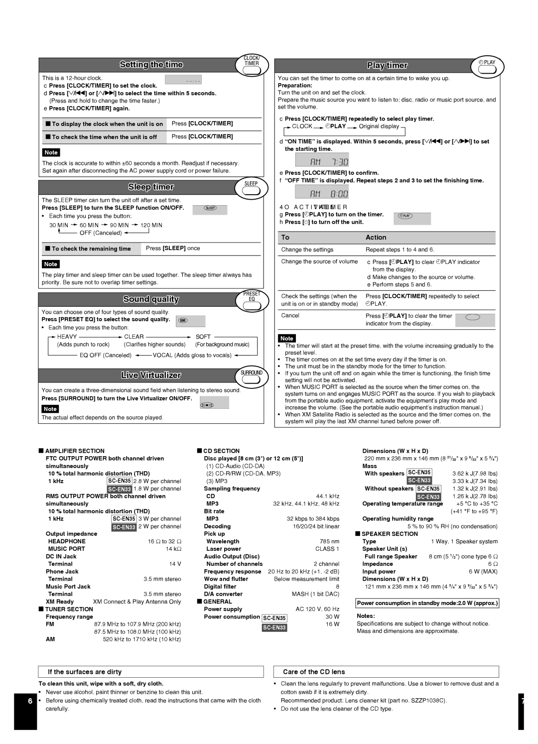 Panasonic SCEN35, SC-EN33 manual Timers and others, Speciﬁcations 