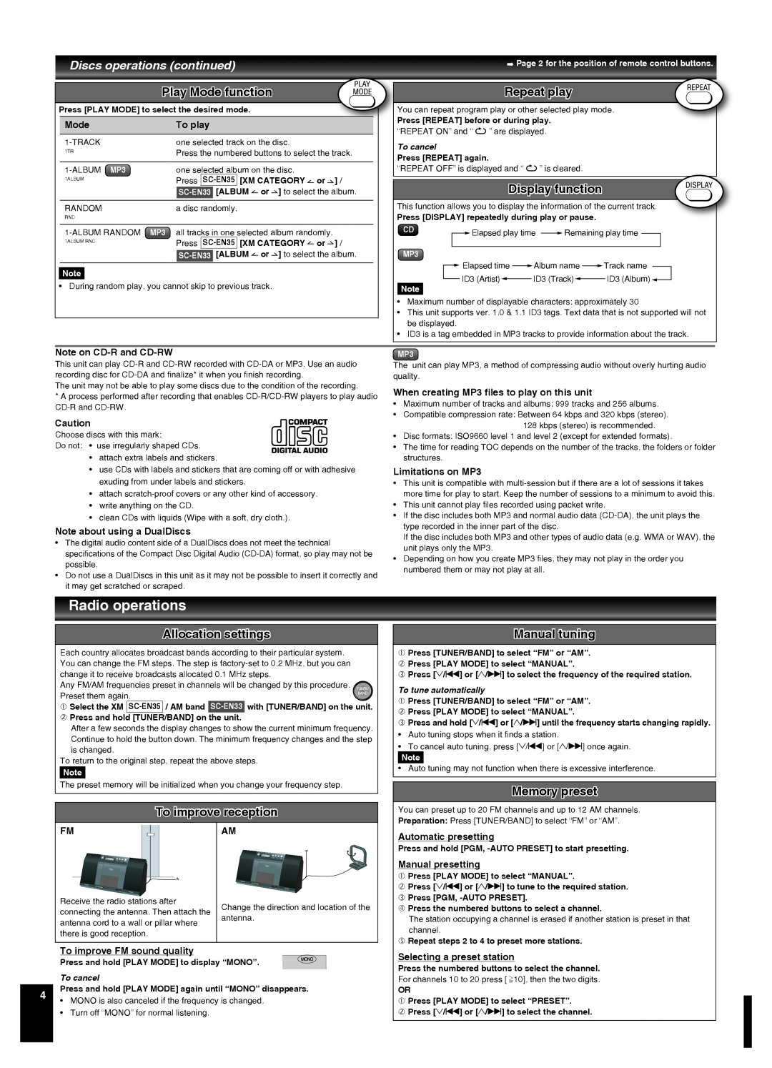 Panasonic SCEN35 manual Radio operations, Play Mode function, Display function, Allocation settings, To improve reception 
