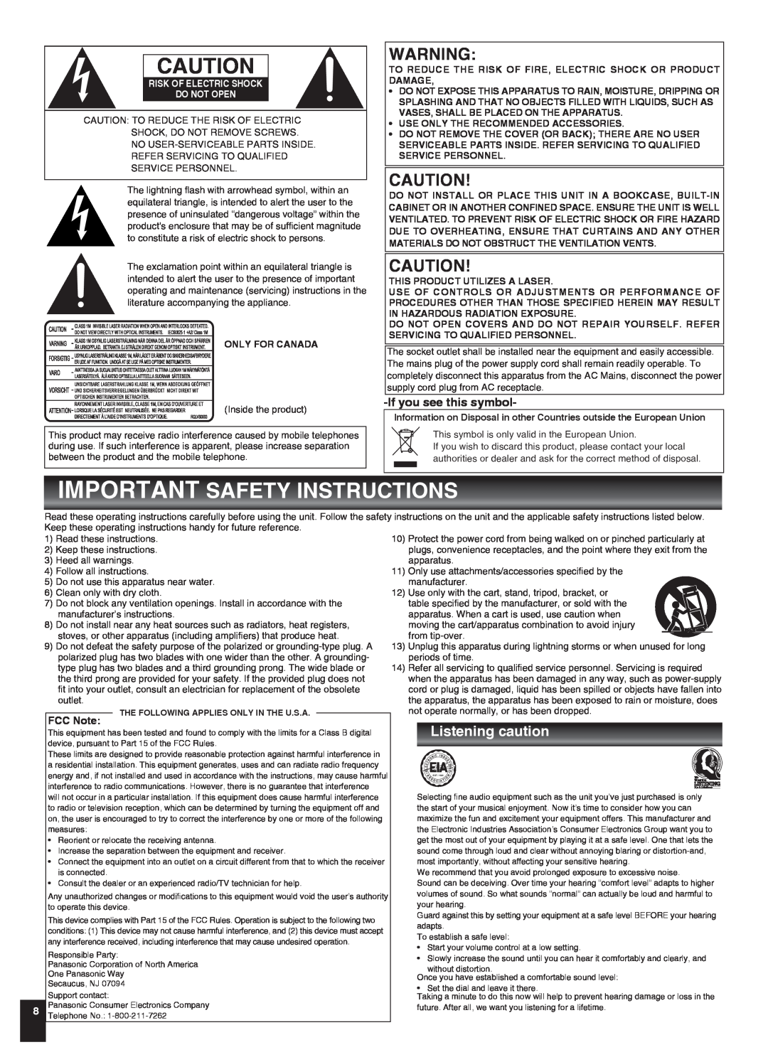 Panasonic SCEN35, SC-EN33 manual Listening caution, Ifyou see this symbol, FCC Note, Risk Of Electric Shock Do Not Open 