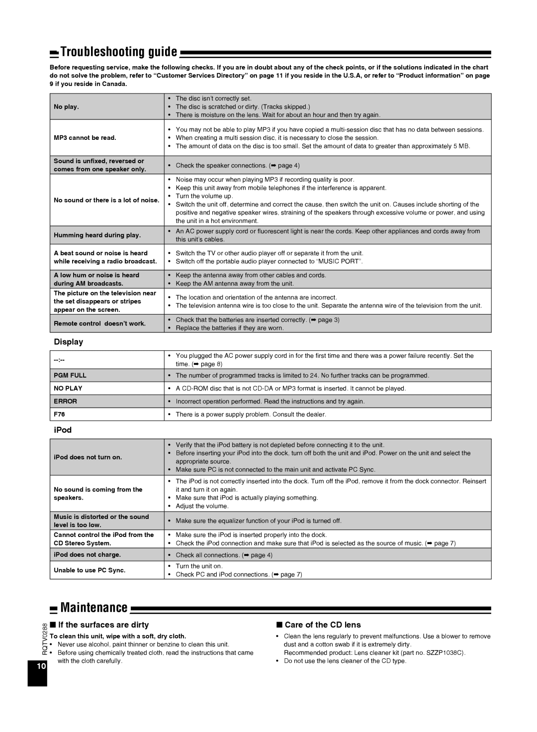 Panasonic SCEN38 important safety instructions Troubleshooting guide, Maintenance 